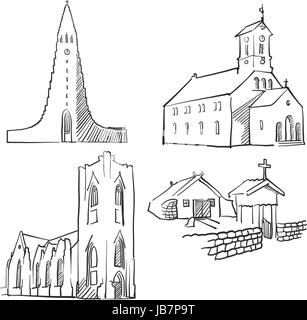 Reykjavik Islanda edifici famosi, Monocromatico delineato i punti di riferimento di viaggio, scalabile illustrazione vettoriale Illustrazione Vettoriale