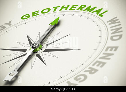 Bussola con ago rivolto il testo geotermica - Verde e le energie rinnovabili concetto effetto sfocatura con focus sui principali word. Foto Stock