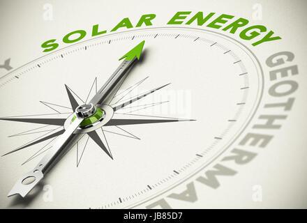 Bussola con ago rivolto il testo ENERGIA SOLARE - Il verde e le energie rinnovabili concetto effetto sfocatura con focus sui principali word. Foto Stock