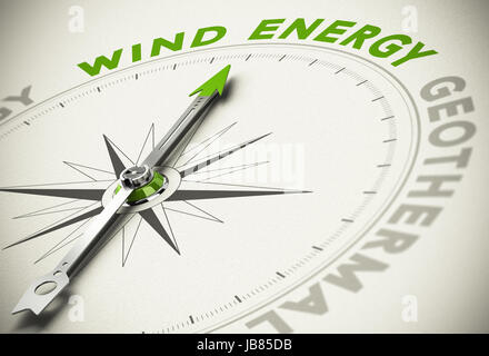 Bussola con ago rivolto il testo WIND ENERGY - Il verde e le energie rinnovabili concetto effetto sfocatura con focus sui principali word. Foto Stock