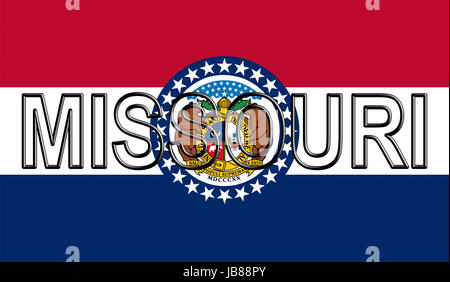 Illustrazione di un flag di stato del Missouri in America con lo stato scritto sulla bandiera. Foto Stock