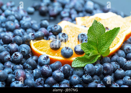 Appena raccolti i mirtilli con Orange, primo piano Foto Stock