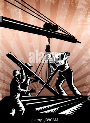 Poster illustrazione di una squadra di operai edili indossando hardhat lavorando su travi in acciaio è di sollevamento sul braccio della gru fatto rétro xilografia stile. Foto Stock