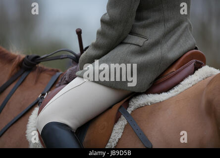 Leggermente abstract close up di un huntswoman. Bicester e Whaddon Hunt. Boxing day 2011 Foto Stock