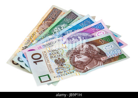 Serie di banconote in polacco isolato su sfondo bianco con tracciato di ritaglio Foto Stock