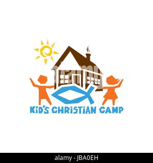 Il logo del capretto Christian camp. La casa, il sole, i bambini, i pesci - il segno di Gesù Illustrazione Vettoriale