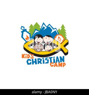 Il logo del capretto Christian camp. Il pesce è un segno di Gesù, bambini, montagne e una bussola. Illustrazione Vettoriale