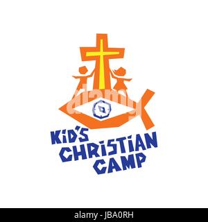 Il logo del capretto Christian camp. Pesci, la croce di Gesù e i bambini. Illustrazione Vettoriale