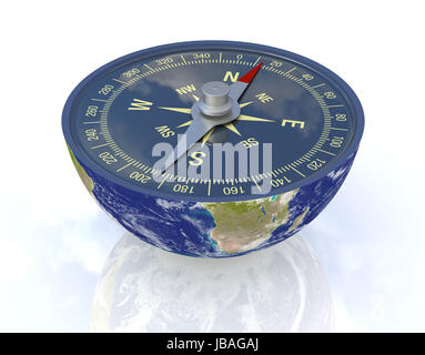 Un globo terrestre diviso in due parti con una bussola; nozione di viaggio, ma anche come metafora di trovare la strada giusta; terra mappa di cortesia nasa.gov (3d rendering) Foto Stock
