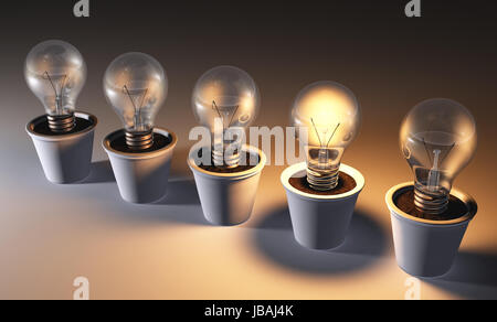 Vista di una fila di spento lampadine in vasi di bianco ad eccezione di uno che è illuminata con una luce calda, su sfondo scuro Foto Stock