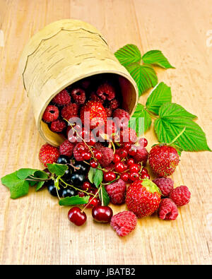 Ribes rosso e nero, lamponi, fragole, ciliegie con foglie verdi in una ciotola da corteccia di betulla su una tavola di legno Foto Stock