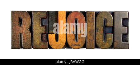 La parola scritta gioire nel vintage tipo di stampa in rilievo Foto Stock