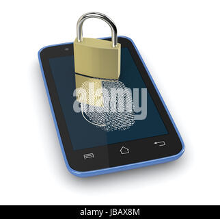 Uno smartphone con una impronta digitale e un lucchetto sullo schermo, il concetto di privacy e sicurezza (3d rendering) Foto Stock