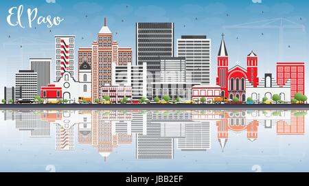 El Paso Skyline con edifici grigi, cielo blu e riflessi. Illustrazione Vettoriale. Viaggi di affari e di turismo con il concetto di architettura moderna. Illustrazione Vettoriale