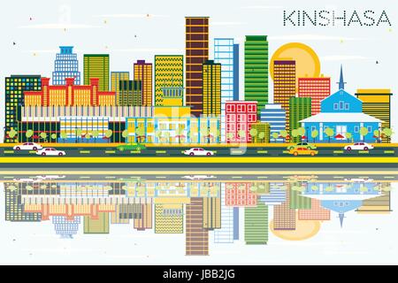 Kinshasa skyline con edifici di colore, cielo blu e riflessi. illustrazione vettoriale. viaggi di affari e di turismo con il concetto di architettura moderna. Illustrazione Vettoriale