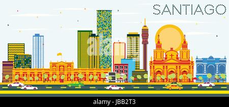 Santiago del Cile Skyline con edifici di colore e cielo blu. Illustrazione Vettoriale. Viaggi di affari e turismo concetto con edifici moderni. Illustrazione Vettoriale