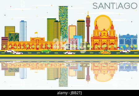 Santiago del Cile Skyline con edifici di colore, cielo blu e riflessi. Illustrazione Vettoriale. Illustrazione Vettoriale