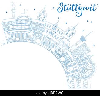 Profilo dello Skyline di Stoccarda con edifici blu e copia di spazio. Illustrazione Vettoriale. Viaggi di affari e di turismo con il concetto di architettura storica. Illustrazione Vettoriale