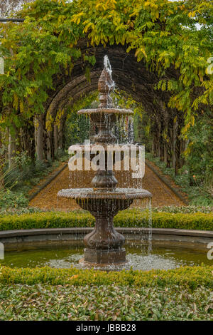 Fontana e pergolato di glicine, Alowyn Gardens, Yarra Glen, Victoria, Australia Foto Stock