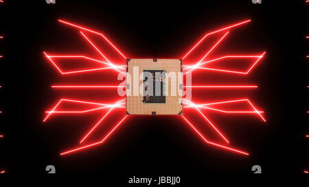 Perfettamente il loop video futuristico di scheda a circuito stampato con movimento di elettroni rosso con CPU. Foto Stock