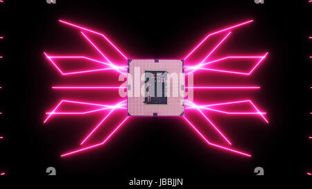 Perfettamente il loop video futuristico di scheda a circuito stampato con rosa in movimento gli elettroni con CPU. Foto Stock