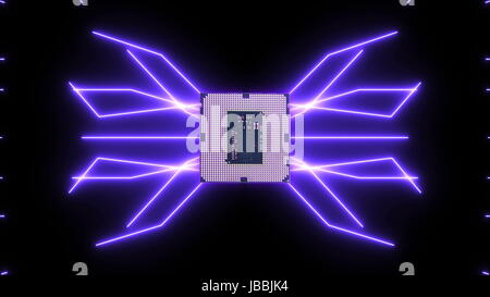 Perfettamente il loop video futuristico di scheda a circuito stampato con viola in movimento gli elettroni con CPU. Foto Stock