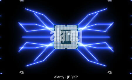 Perfettamente il loop video futuristico di scheda a circuito stampato con blu in movimento gli elettroni con CPU. Foto Stock