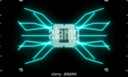 Perfettamente il loop video futuristico di scheda a circuito stampato con movimento di elettroni turchese con CPU. Foto Stock