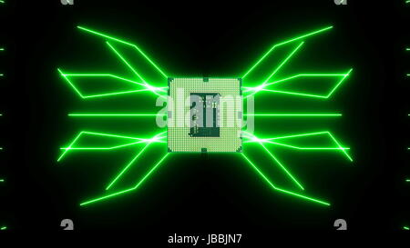 Perfettamente il loop video futuristico di scheda a circuito stampato con verde in movimento gli elettroni con CPU. Foto Stock