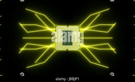 Perfettamente il loop video futuristico di scheda a circuito stampato con giallo in movimento gli elettroni con CPU. Foto Stock