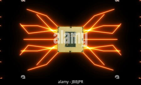 Perfettamente il loop video futuristico di scheda a circuito stampato con movimento di elettroni arancione con la CPU Foto Stock