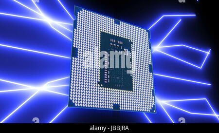 Perfettamente il loop video futuristico di scheda a circuito stampato con blu in movimento gli elettroni con CPU. Foto Stock