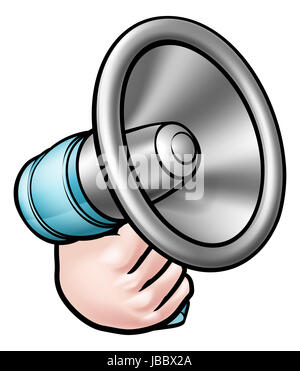 Un cartoon mano che tiene un megafono o bullhorn Foto Stock