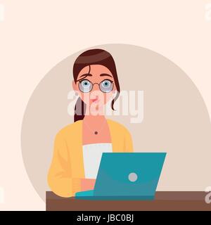 Business donna presso il desk sta lavorando sul computer portatile Illustrazione Vettoriale