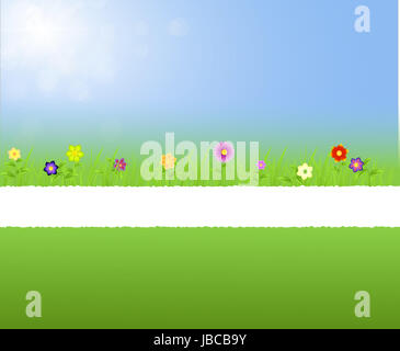 Carta strappata molla centrale paesaggio con fiori,l'erba,le gocce di pioggia su una soleggiata blu sfondo con ray di luci Foto Stock