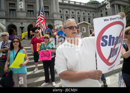 Harrisburg, Pennsylvania, USA. Decimo Giugno, 2017. Circa 50 membri di agire per l'America si sono stretti sui gradini della Pennsylvania State Capitol contro la sharia. Agire per l'America è il più grande anti-gruppo musulmano negli Stati Uniti, secondo la povertà del sud Diritto Centro. Credito: Jim West/Alamy Live News Foto Stock