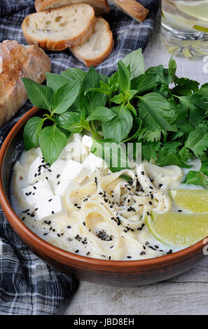 Una zuppa di riso con le tagliatelle e tofu insaporito con limone erba (basilico), il coriandolo, sesamo. Foto Stock