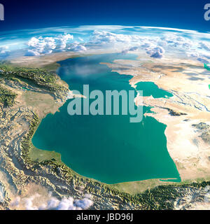 Altamente dettagliate di frammenti del pianeta Terra con esagerato rilievo, oceano traslucido e nuvole, illuminata dal sole del mattino. Mar Caspio. Gli elementi di questa immagine fornita dalla NASA Foto Stock