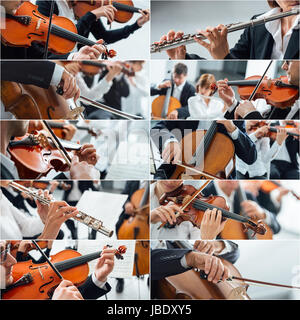 La musica classica collage di foto, i musicisti a suonare strumenti ritratti e le mani vicino, arti e concetto di intrattenimento Foto Stock