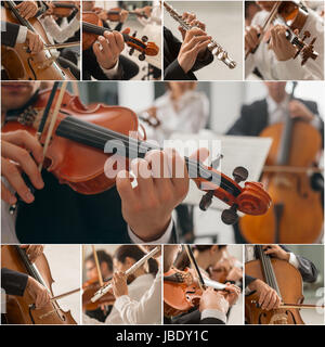 La musica classica collage di foto, i musicisti a suonare strumenti ritratti e le mani vicino, arti e concetto di intrattenimento Foto Stock