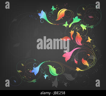 Sfondo grigio con farfalle e ornati floreali Foto Stock