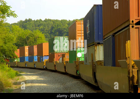 Un lungo treno merci con molti boxcars cale beni di vari tipi di mercato. Rappresenta il trasporto e la vendita. Foto Stock