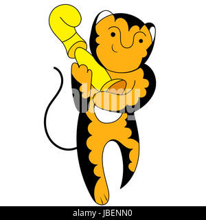 Cartoon tiger campione con un trionfante tazza di arti marziali orientali Foto Stock