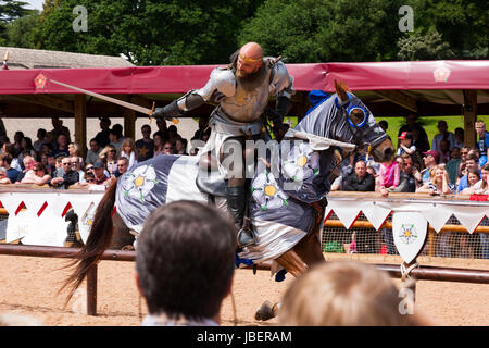 La guerra dei Roses giostre battaglia rievocazione eseguito di fronte a un pubblico di turisti presso il castello di Warwick nel Warwickshire. Regno Unito. (88) Foto Stock