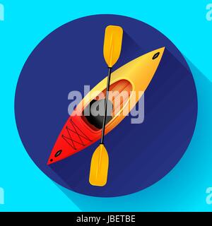 I kayak e pagaia icona vettore. Attività all'aperto. Giallo Rosso kayak, kayak di mare icona piatta Illustrazione Vettoriale