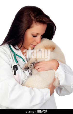 Piuttosto vet con un bel cane isolato su uno sfondo bianco Foto Stock