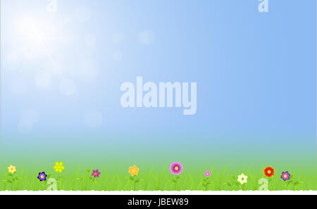 Paesaggio di primavera con fiori,l'erba,le gocce di pioggia su una soleggiata blu cielo di sfondo con ray di luci Foto Stock
