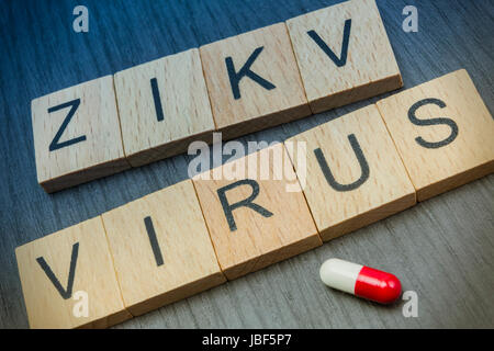 Virus Zica, scritto in lettere legno, concetto salute Remedy Foto Stock