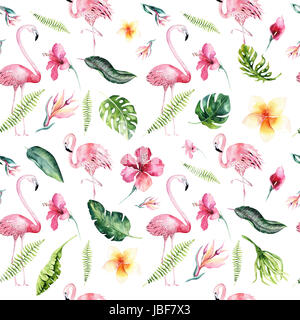 Tropical isolato seamless pattern con flamingo. Acquerello tropic disegno, uccello rosa e verde Palm tree, tropic texture verde, fiori esotici. Al Foto Stock