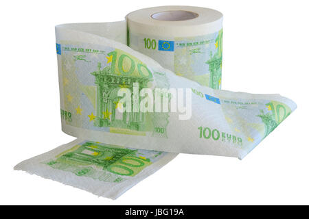 Rotolo di 100 Euro banconote carta igienica isolati su sfondo bianco Foto Stock